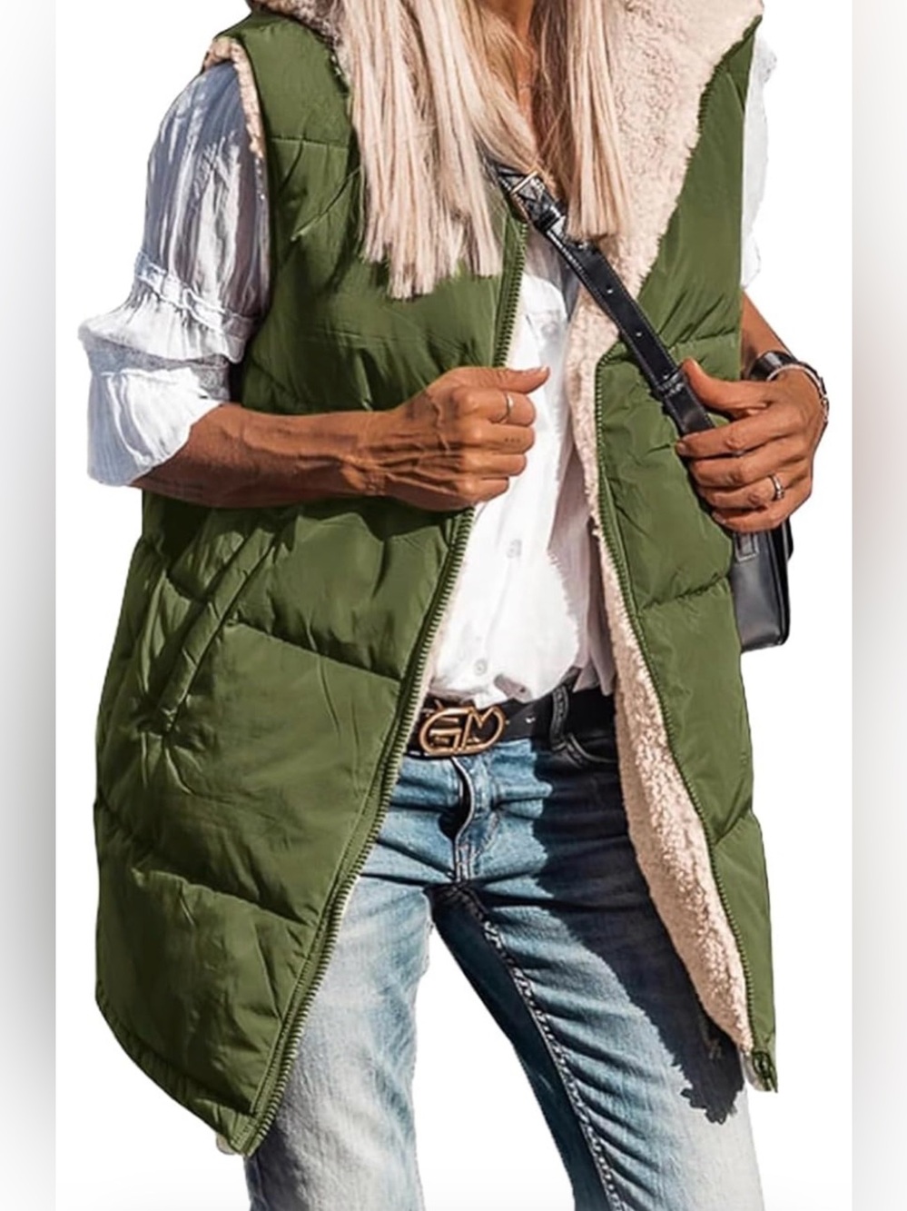 Soft Sherpa-Lined Olive Green Puffer Vest - Women